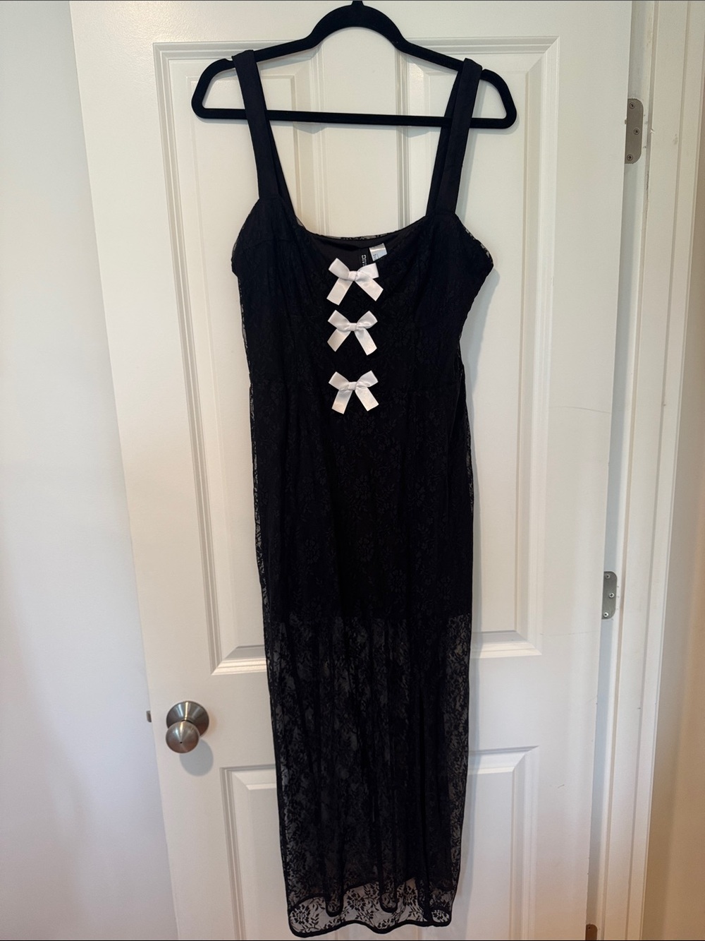 H&M Black Lace Maxi Dress with White Bow Accents